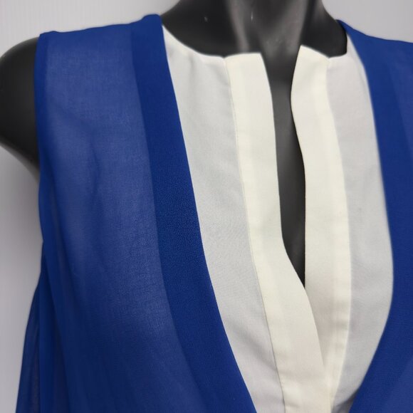 SANDRO Paris Sheer Overlay Contrast White Placket Cobalt Blue Mini Dress Size 2 - Picture 6 of 14